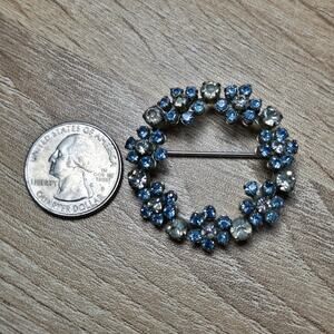 Blue & Clear Rhinestone Circle Wreath Brooch